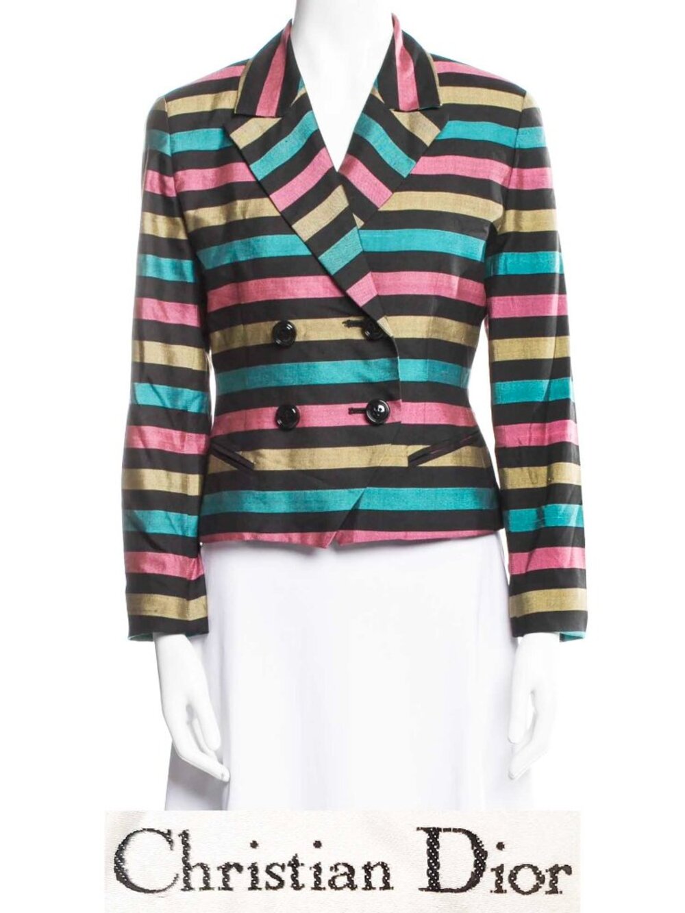 Christian Dior Women's Vintage Striped Blazer Jacket 100% Silk Pink Gold Black